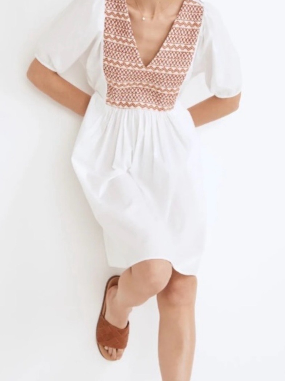Madewell White Cotton Puff Sleeve Dress Embroidered Size Medium